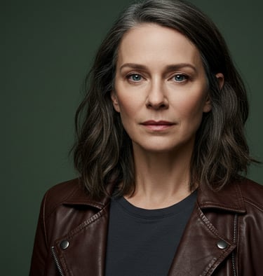 a woman in a leather jacket and black shirt