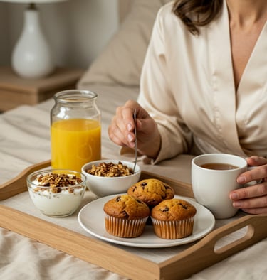 a woman in a robe is holding a tray with breakfast food