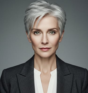 a woman with a short grey hair and a white shirt