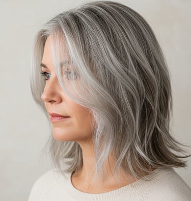 a woman with grey hair and a white shirt