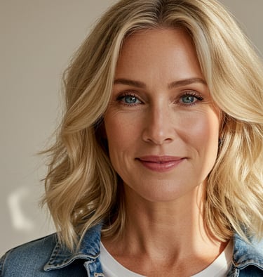 a woman with blonde hair and blue eyes