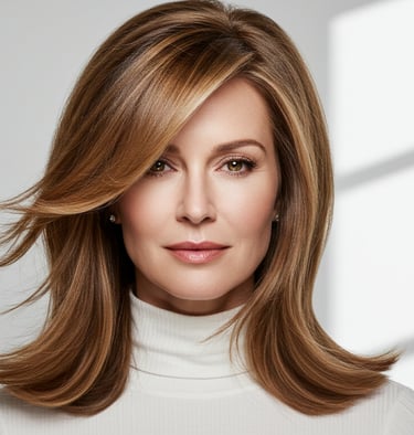 a woman with a long hair and a turtle neck