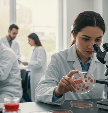 a woman in a lab coat is holding a piece of paper and a microscope