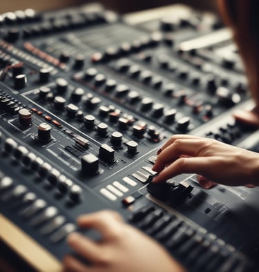 Czarno-szara konsoleta miksera dźwięku i dłoń, która przyciska jeden z guzików.