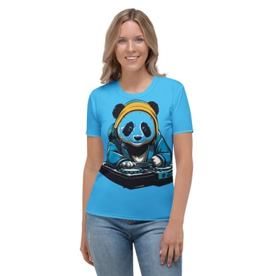 woman wearing tee with Dj Panda graphic front view
