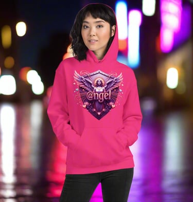 woman wearing Pink @angel grapic hoodie front view