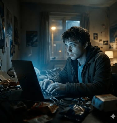 Young man coding on a laptop at a messy desk in a dark room at night with blue screen light.