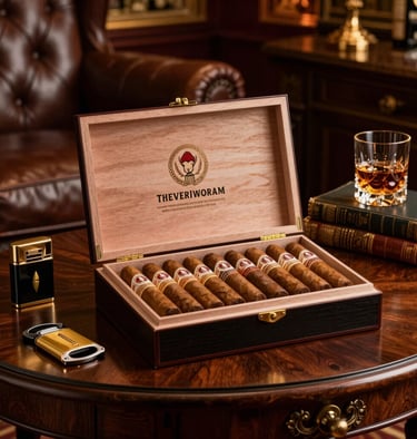 A finely crafted wooden cigar humidor with leather accents on a polished wooden table in warm light