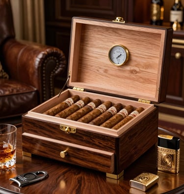 A finely crafted wooden cigar humidor with leather accents on a polished wooden table in warm light
