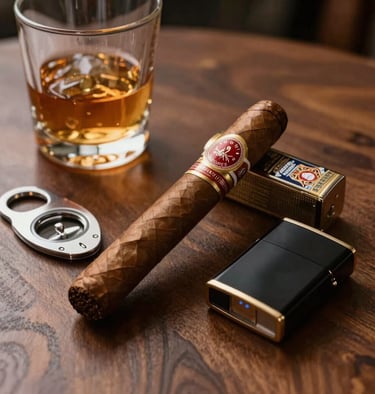 Premium leather cigar accessories displayed on a dark wood surface with golden lighting