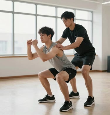 Bright athletic photography of a coach gently correcting a member's posture during a bodyweight squat, natural window light, clean spacious studio, 35mm lens