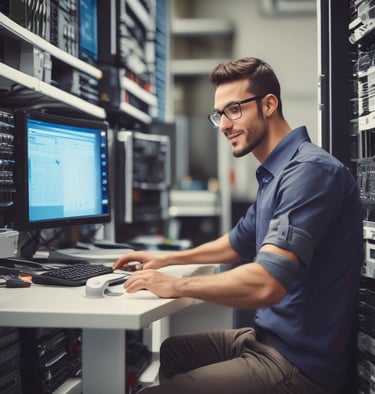 Technician installing a satellite dish on a rooftop with clear blue sky background.