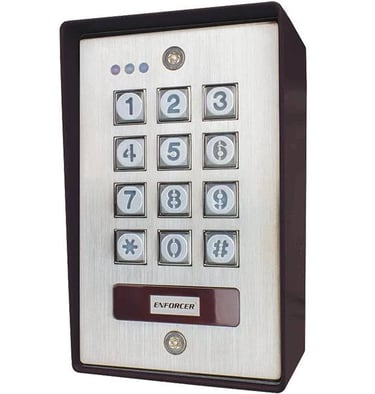 Enforcer outdoor digital access control keypad with backlit buttons and stainless steel faceplate.