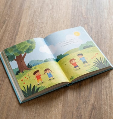 Vibrant children’s book illustration featuring whimsical angels in a dreamy aqua landscape