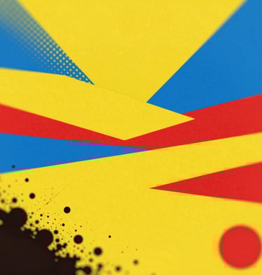 Bold yellow and red abstract pop art landscape, geometric shapes, blue #0050B3 halftone shadows, black ink splatters, 1960s aesthetic.