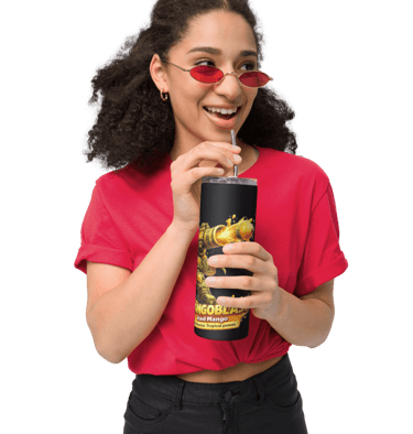 woman holding branded travel mug drinking from straw