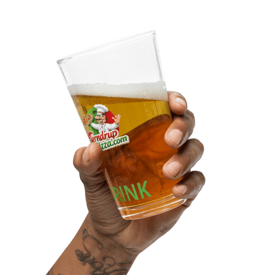 Terbdrup Pizza branded pint glass held in hand with amber drink showing restaurant logo on custom hospitality drinkware
