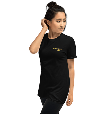 woman wearing the pour shop logo black t shirt walking view