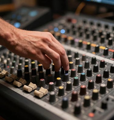 Blurred motion of a musician's hand moving over a mixing desk, dark espresso brown and warm stone grey tones, North American / US production suite.