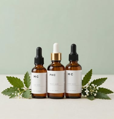 Herbal cosmetics arranged on a soft baby pink background with green leaves and delicate flowers.