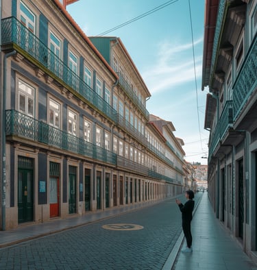a person walking down a street with a person holding a cell phone