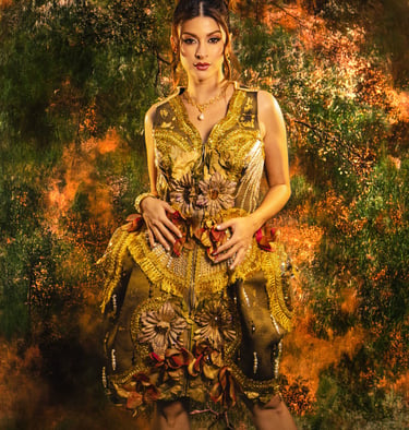 Woman in an ornate gold floral dress posing in front of an abstract autumn forest backdrop.