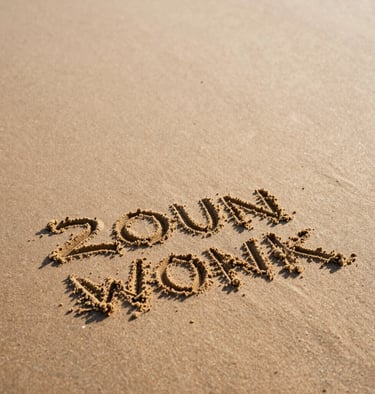 Close up of sand texture on a soft sand beach, showing detailed temporary engravings made by the artist, warm sun-drenched lighting.