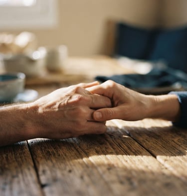 Close-up of hands holding warmly over a rustic wooden table, soft morning Spanish sunlight casting long shadows, warm editorial photography, shallow depth of field, 35mm