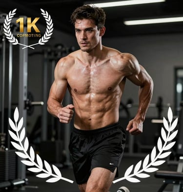 Action shot of a male model running in a dark gym, muscular definition highlighted by Silver Grey rim lighting.