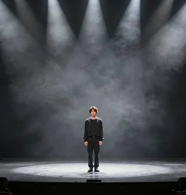 A wide angle shot of a stage bathed in dramatic light gray and anthracite smoke. A solo artist stands in the center. Professional, minimalist concert photography from a Western European / Dutch venue.
