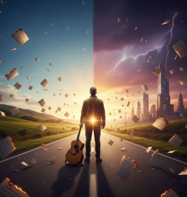 Surreal digital art of a musician with a guitar on a road between a green landscape and a stormy city.