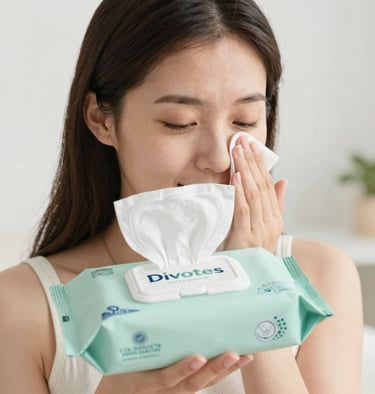 Stacked packages of soft, clean tissues and wipes on a wooden table.
