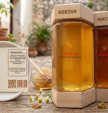 Two hexagonal glass jars of raw Nektar honey with wooden lids and labels on a rustic wooden table.