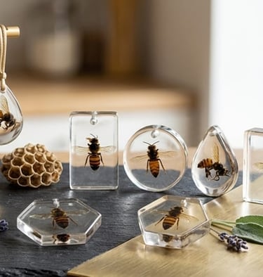 Handmade bee resin jewelry pendants and honey accessories displayed on a dark slate tabletop.