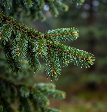 A detailed shot of a Douglas Fir branch with raindrops clinging to the needles, soft bokeh green forest background, North American / US photography.