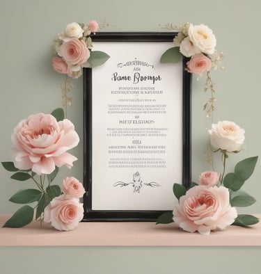 Elegant framed wedding invitation template decorated with soft pink and white roses.