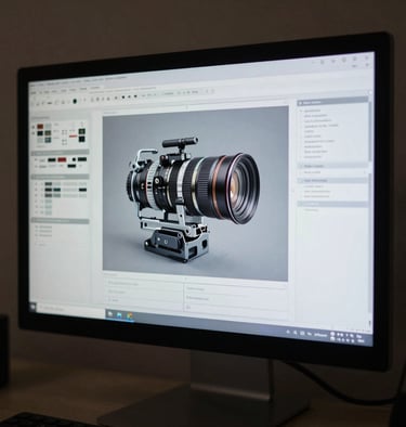A professional creative working on a wireframe on a large monitor in a dimly lit North American / US studio, with subtle light grey accents.