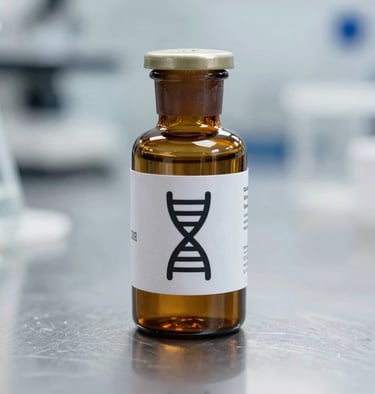 Amber glass research vial with a clean technical label showing a precise DNA-helix icon, resting on a sterile metal laboratory surface, sharp focus.