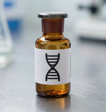 Amber glass research vial with a clean technical label showing a precise DNA-helix icon, resting on a sterile metal laboratory surface, sharp focus.