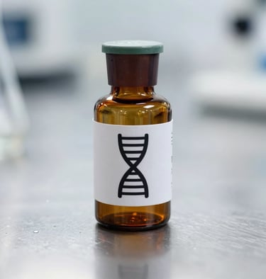 Amber glass research vial with a clean technical label showing a precise DNA-helix icon, resting on a sterile metal laboratory surface, sharp focus.