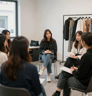 A group of diverse fashion professionals engaged in an interactive online course on digital textile design.