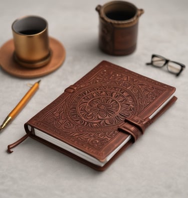 Close-up of a handcrafted leather journal with a textured cover and stitched edges.