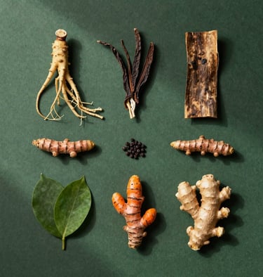 A serene close-up of fresh green turmeric roots resting on a wooden surface with soft natural light.