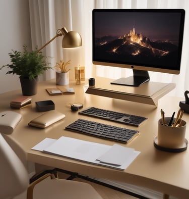 A cozy home office corner with a laptop, microphone, and warm lighting.