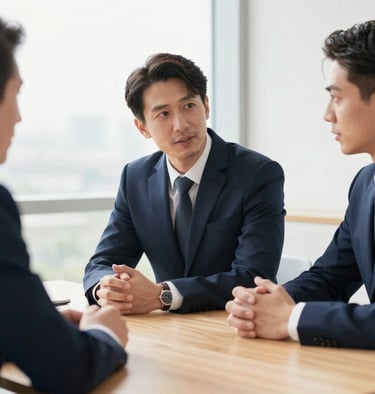 Collaborative professional setting with natural daylight, off-center medium close-up of business partners discussing strategy around a light wood table, 35mm