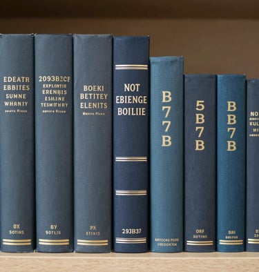 A collection of beautifully designed book spines in #293B37 and #5B7B71, arranged on a library shelf. The mood is intellectual, scholarly, and highly refined.