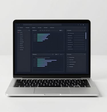 A laptop on a clean white desk, showing a wireframe design for a complex dashboard. The environment is minimalist and focused. Contrast between the dark screen #1C2826 and the light desk #F0F4F4.