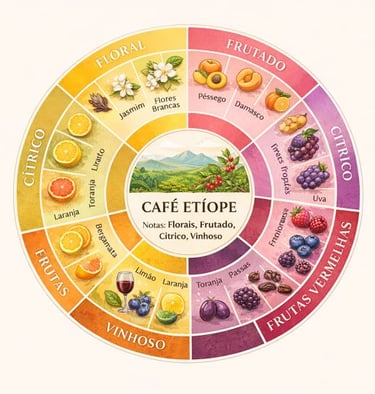 Roda de sabores do café etíope destacando notas florais, frutadas, cítricas e frutas vermelhas