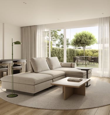 Modern open-concept living room featuring a beige sectional sofa, Render hiper realista de un salón 