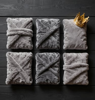 A collection of newborn photography props like soft muted grey blankets and a small golden crown on a dark charcoal wooden background. High-end and artistic.